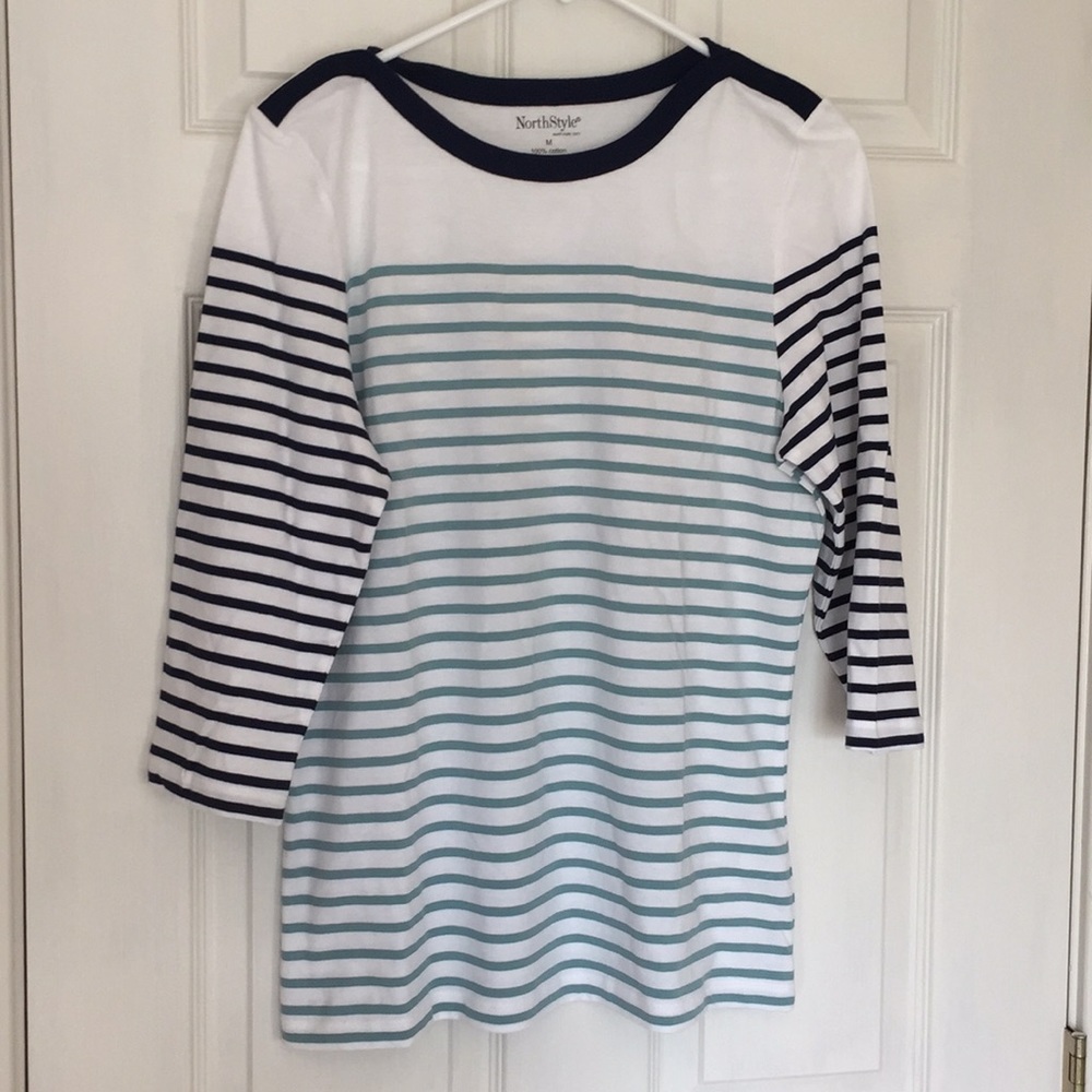 North Style Cotton 3/4 sleeve Mixed Stripe Top Med